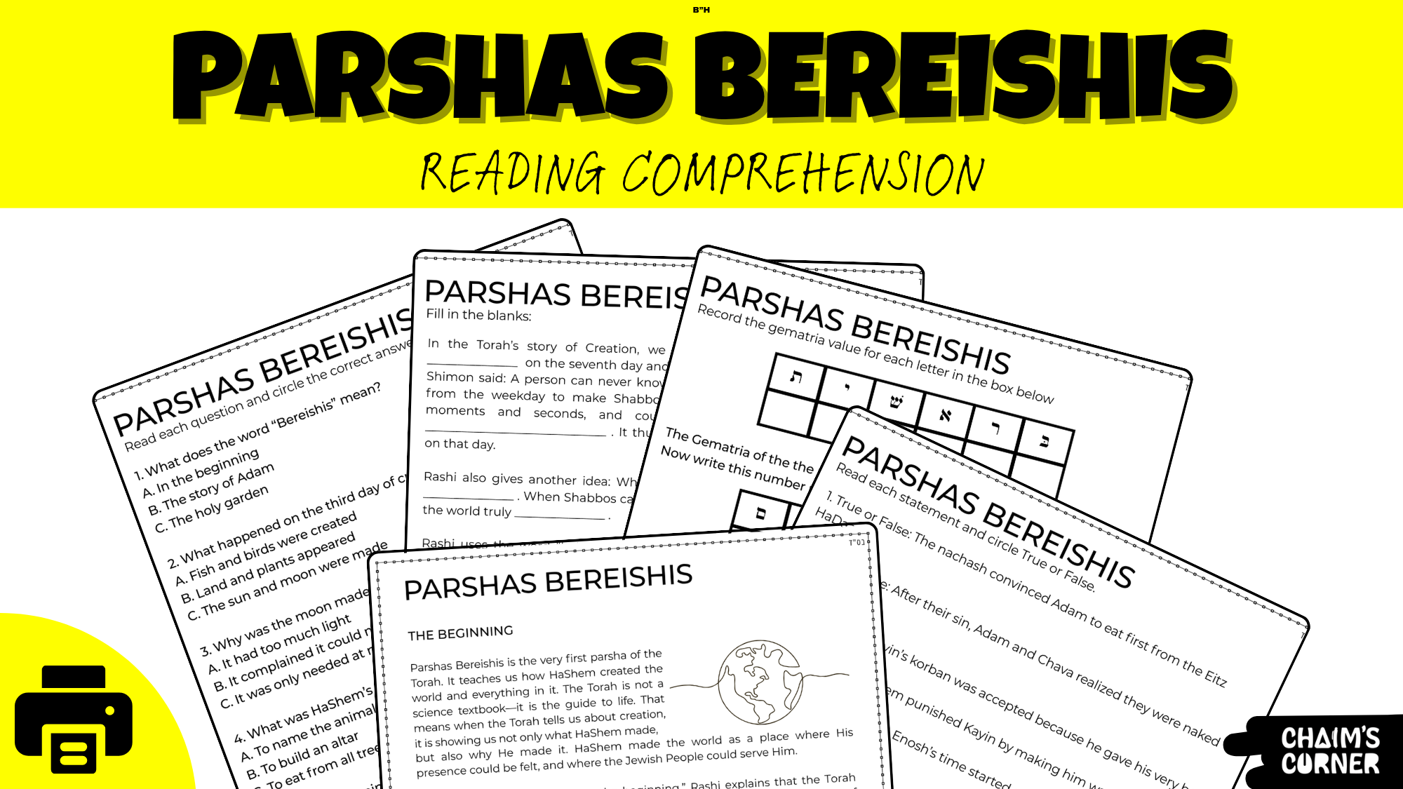 Parshas Bereishis Reading Comprehension Sheets